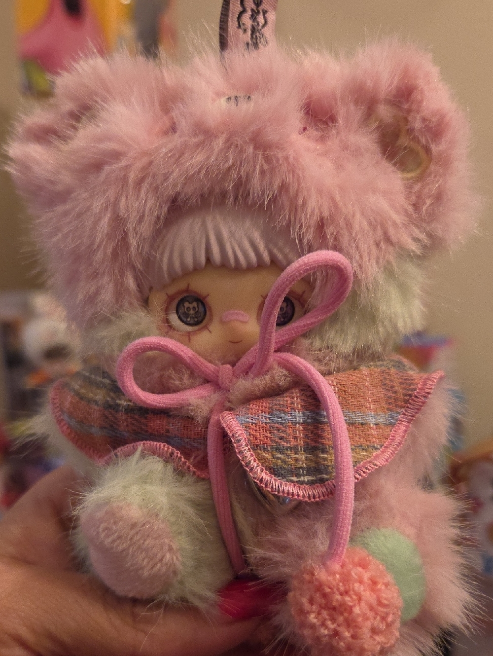 May Mwi Pink Fuzzy Plush Doll with Hood and Pom Accent